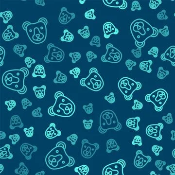 Green line Bear head icon isolated seamless pattern on blue background. Vector Stock Illustration