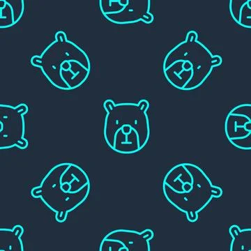 Green line Bear head icon isolated seamless pattern on blue background. Vecto Stock Illustration