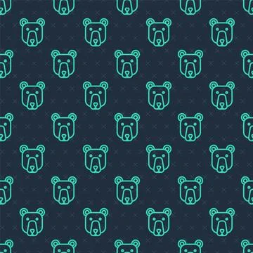 Green line Bear head icon isolated seamless pattern on blue background.  Vect Illustrazione stock