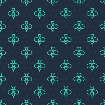 Green line Bee icon isolated seamless pattern on blue background. Sweet natural Stock Illustration