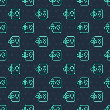 Green line Bee location map pin pointer icon isolated seamless pattern on blue Stock Illustration