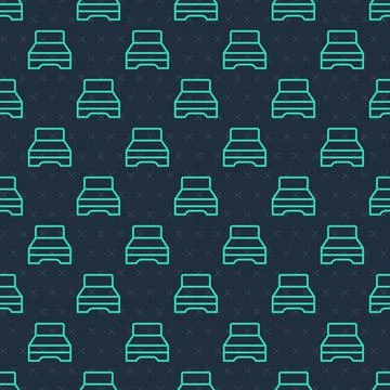 Green line Big bed for two or one person icon isolated seamless pattern on blue Illustrazione stock