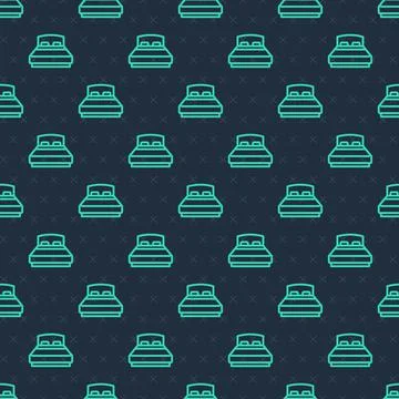 Green line Big bed for two or one person icon isolated seamless pattern on blue Illustrazione stock