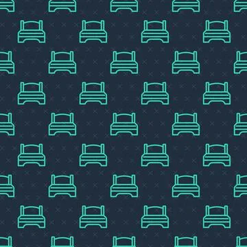 Green line Big bed for two or one person icon isolated seamless pattern on blue Stock Illustration