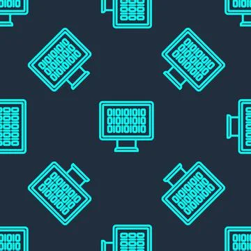 Green line Binary code icon isolated seamless pattern on blue background.  Ve Stock Illustration