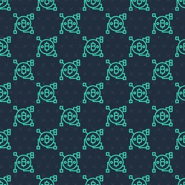 Green line Blockchain technology Bitcoin icon isolated seamless pattern on blue Stock Illustration