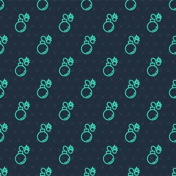 Green line Bomb ready to explode icon isolated seamless pattern on blue Illustrazione stock