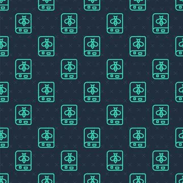 Green line Book about bee icon isolated seamless pattern on blue background.  イラスト素材