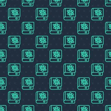 Green line Book about physics icon isolated seamless pattern on blue background Illustrazione stock