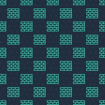 Green line Bricks icon isolated seamless pattern on blue background. Vector Illustrazione stock