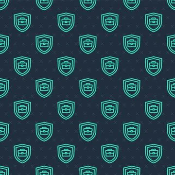 Green line Briefcase with shield icon isolated seamless pattern on blue Illustrazione stock