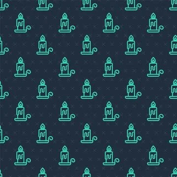 Green line Burning candle in candlestick icon isolated seamless pattern on bl Stock Illustration