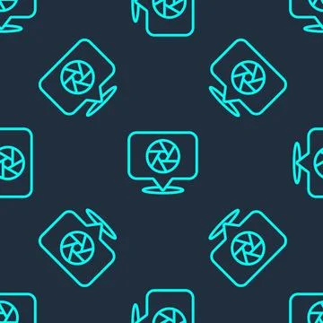 Green line Camera shutter icon isolated seamless pattern on blue background Illustrazione stock