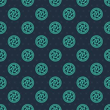 Green line Camera shutter icon isolated seamless pattern on blue background Illustrazione stock
