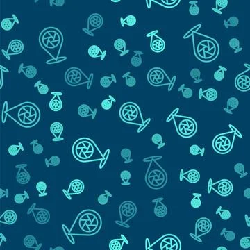 Green line Camera shutter icon isolated seamless pattern on blue background.. Illustrazione stock