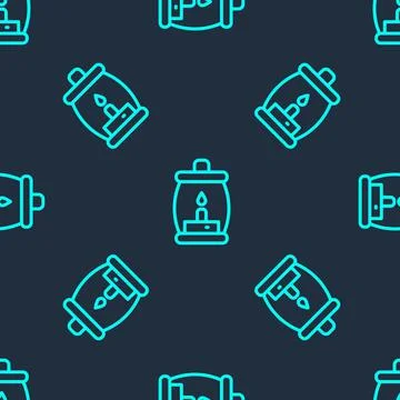 Green line Camping lantern icon isolated seamless pattern on blue background Illustrazione stock