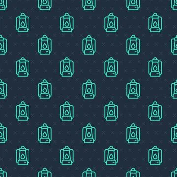 Green line Camping lantern icon isolated seamless pattern on blue backgroun.. Illustrazione stock