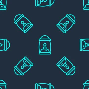 Green line Camping lantern icon isolated seamless pattern on blue background Stock Illustration