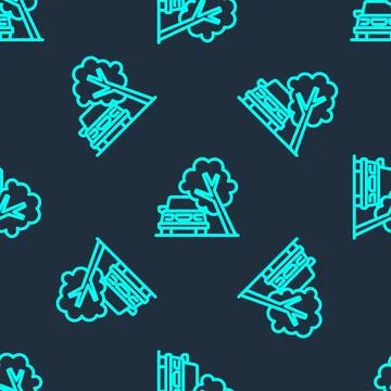 Green line Car damaged by fallen tree icon isolated seamless pattern on blu.. イラスト素材