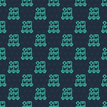 Green line Cardboard boxes on pallet icon isolated seamless pattern on blue 스톡 일러스트