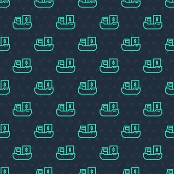 Green line Cargo ship with boxes delivery service icon isolated seamless pattern Stock Illustration