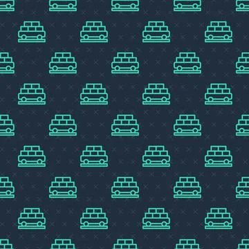 Green line Cargo train wagon icon isolated seamless pattern on blue background Stock Illustration