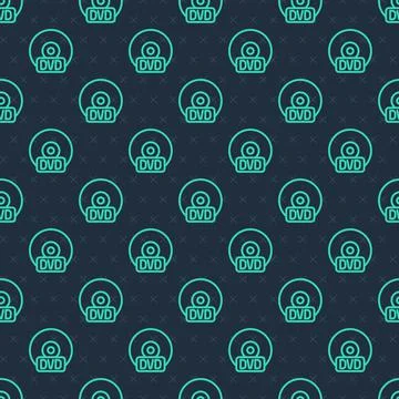 Green line CD or DVD disk icon isolated seamless pattern on blue background.  Stock Illustration