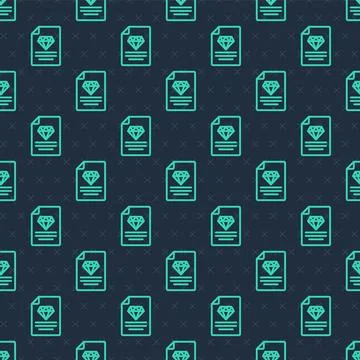 Green line Certificate of the diamond icon isolated seamless pattern on blue Stock Illustration