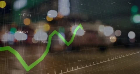 Green line chart drawing across night bokeh street on market input, updating Stock Footage 330396792