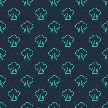 Green line Chef hat icon isolated seamless pattern on blue background. Cooking Stock Illustration