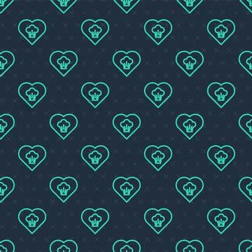 Green line Chef hat icon isolated seamless pattern on blue background. Cooking 스톡 일러스트