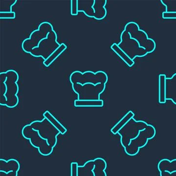 Green line Chef hat icon isolated seamless pattern on blue background. Cook.. 스톡 일러스트