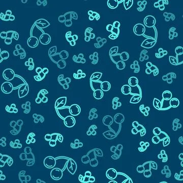 Green line Cherry icon isolated seamless pattern on blue background. Fruit with Stock Illustration