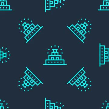 Green line Chichen Itza in Mayan icon isolated seamless pattern on blue Stock Illustration