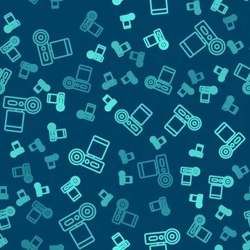 Green line Cinema camera icon isolated seamless pattern on blue background Illustrazione stock