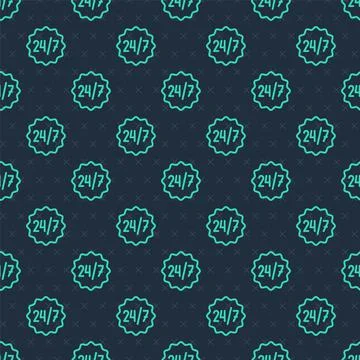 Green line Clock 24 hours icon isolated seamless pattern on blue background. All Illustrazione stock