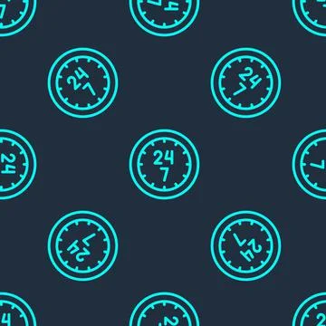 Green line Clock 24 hours icon isolated seamless pattern on blue background. All Stock Illustration