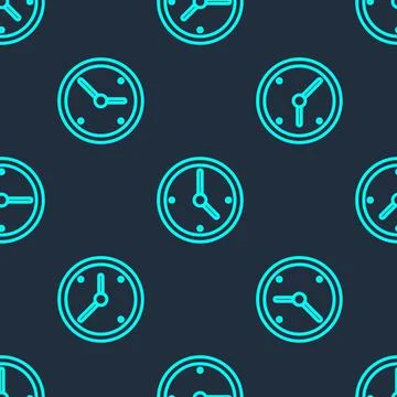 Green line Clock icon isolated seamless pattern on blue background. Time symbol Stock Illustration