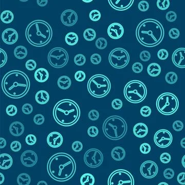 Green line Clock icon isolated seamless pattern on blue background. Time symbol Stock Illustration