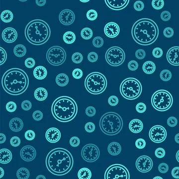 Green line Clock icon isolated seamless pattern on blue background. Time symbol Stock Illustration