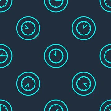 Green line Clock icon isolated seamless pattern on blue background. Time symbol Stock Illustration