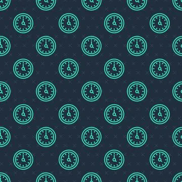 Green line Clock icon isolated seamless pattern on blue background. Time symbol Stock Illustration