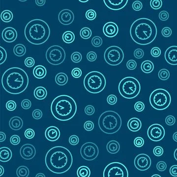 Green line Clock icon isolated seamless pattern on blue background. Time symbol 스톡 일러스트