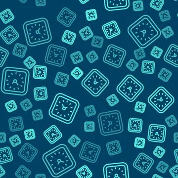 Green line Clock icon isolated seamless pattern on blue background. Time symbol Stock Illustration