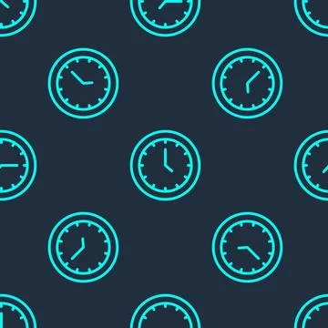 Green line Clock icon isolated seamless pattern on blue background. Time sy.. Stock Illustration