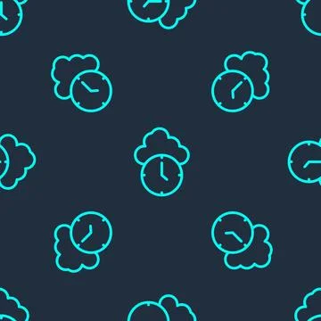 Green line Clock icon isolated seamless pattern on blue background. Time sy.. 스톡 일러스트