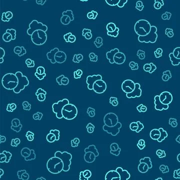 Green line Clock icon isolated seamless pattern on blue background. Time sy.. Stock Illustration