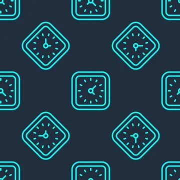 Green line Clock icon isolated seamless pattern on blue background. Time symb 스톡 일러스트