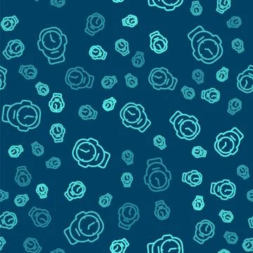 Green line Clock icon isolated seamless pattern on blue background. Time sy.. 스톡 일러스트