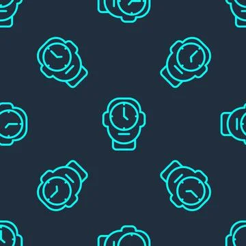 Green line Clock icon isolated seamless pattern on blue background. Time sy.. Stock Illustration